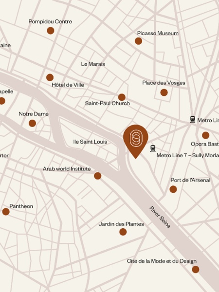 Map highlighting a central location near the River Seine. Key landmarks like Notre Dame, Pompidou Centre, and Picasso Museum are marked with brown dots.
