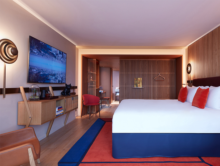 Full view of studio from king bed through to bathroom
