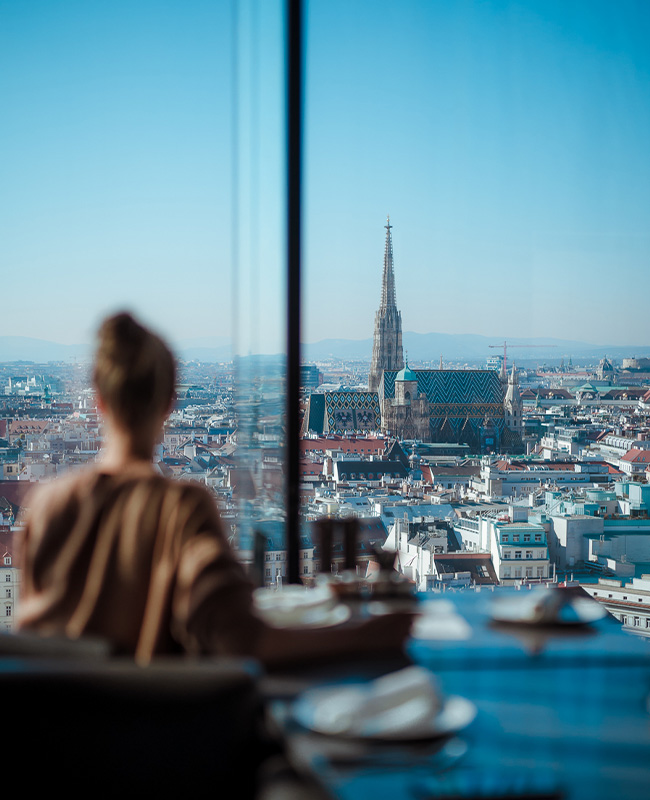 A women staring out of a full length window showing the breathtaking view of Vienna's skyline