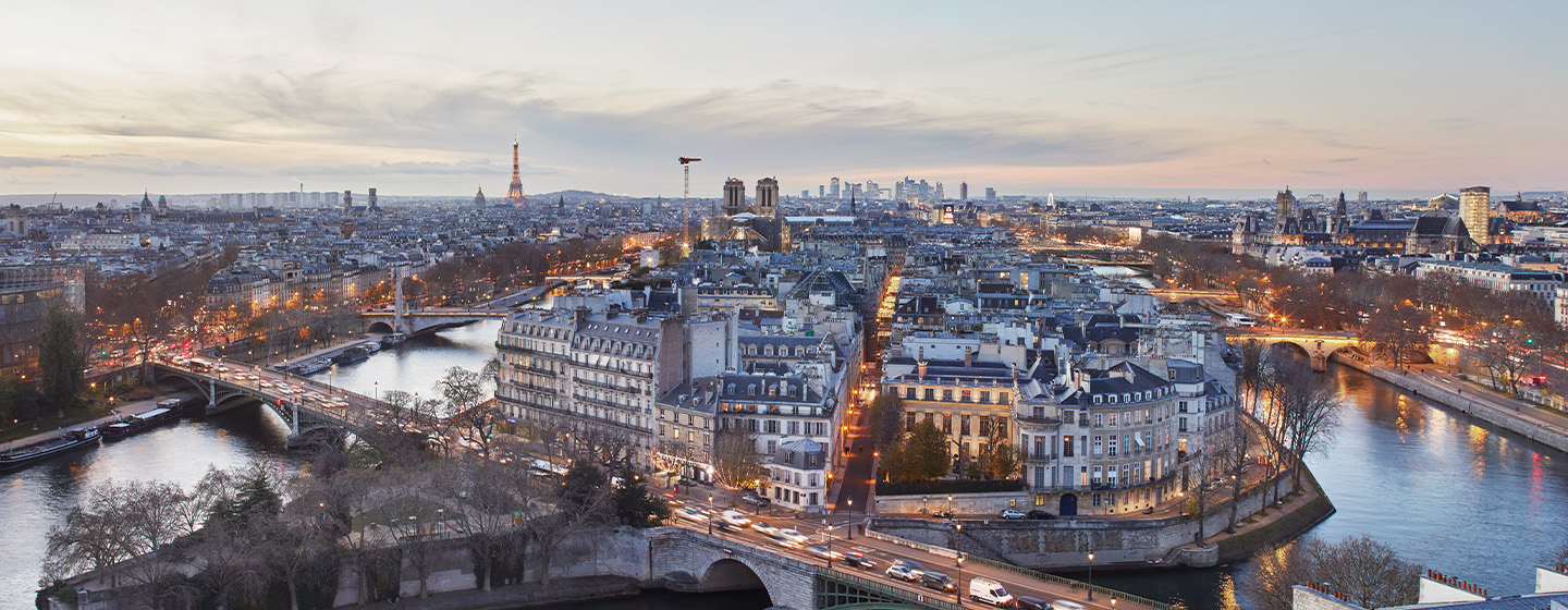 Beautiful elavated view of Paris and the Seine River at sunset