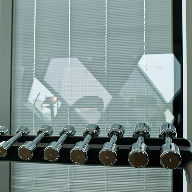 A rack of silver training weights