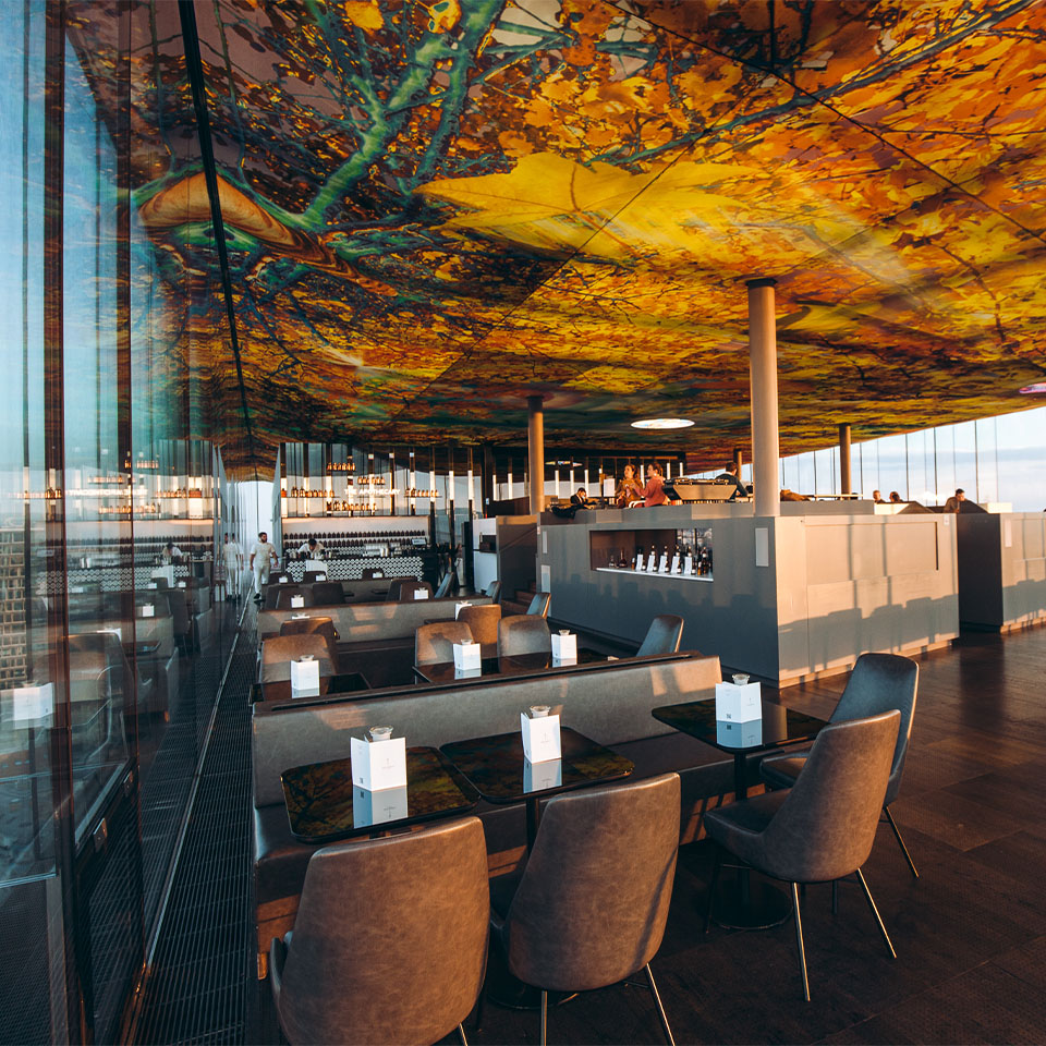 A restuarant with a beautiful celing mural looking over the Viennese skyline