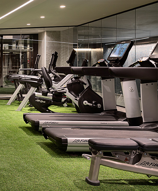 Multiple treadmills and cycling machines facing mirrors in a large gym with grass green flooring