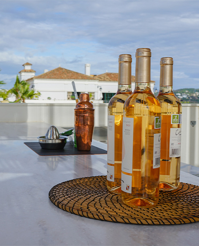 3 bottles of wine and a cocktail shaker sitting on a table with a white building and hills in the background