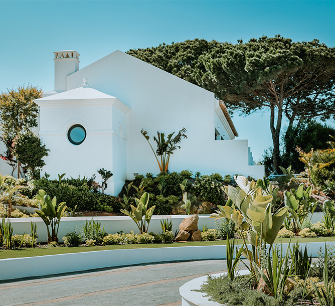 A neat garden area. A large wite building sits behind the rows of plants