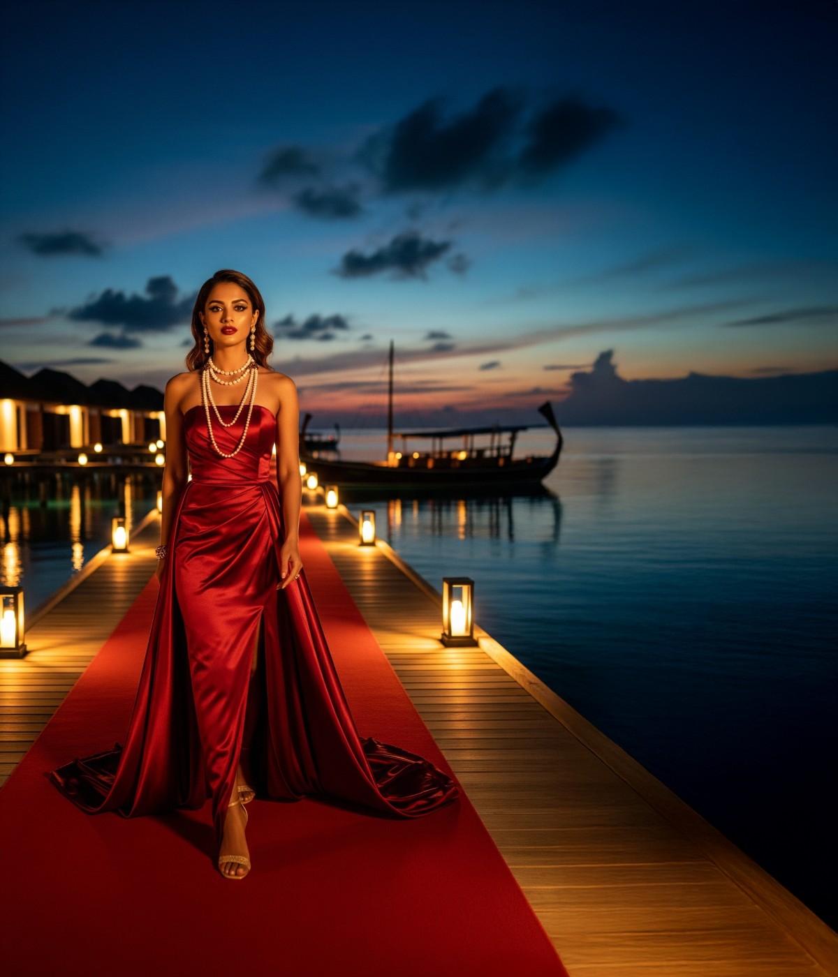 A woman in a stunning red gown walks along a lit wooden pier at sunset, with a serene ocean and boats in the background.