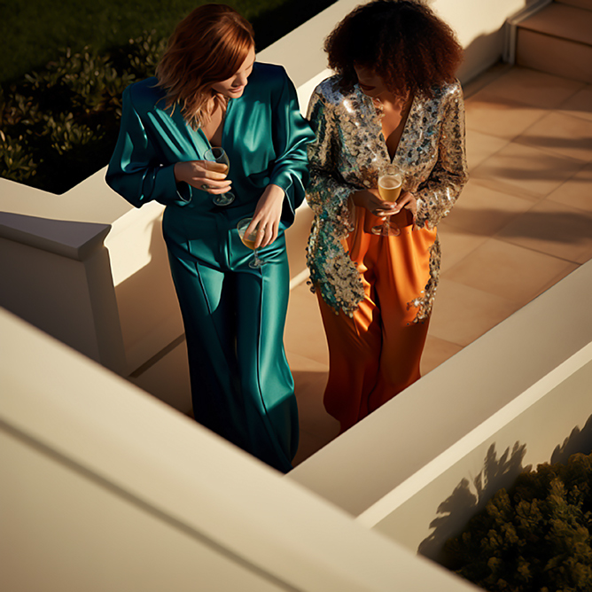 Two women share a festive champagne