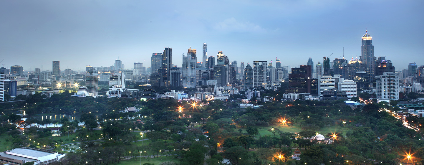 A view of Lumpini Park, the Bangkok skyline standing behind it.