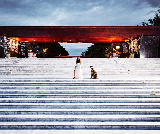 A person and a dog are on wide, illuminated stone steps at dusk, with a red-roofed pavilion and cloudy sky in the background, creating a tranquil scene.