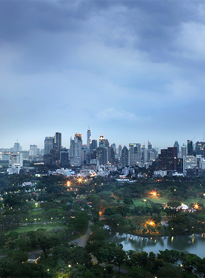 A view of Lumpini Park, the Bangkok skyline standing behind it. 