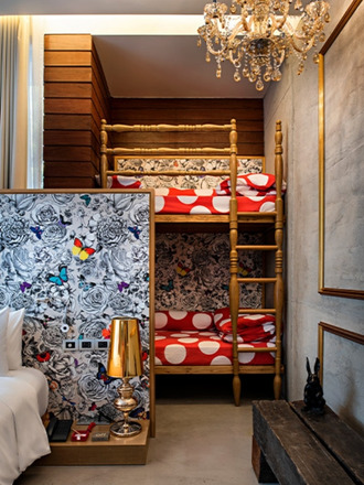 http://Chic%20bedroom%20with%20a%20wooden%20bunk%20bed,%20red%20polka-dot%20bedding,%20floral%20wallpaper,%20and%20a%20crystal%20chandelier.%20Vibrant%20and%20eclectic%20decor%20with%20a%20cozy%20ambiance.