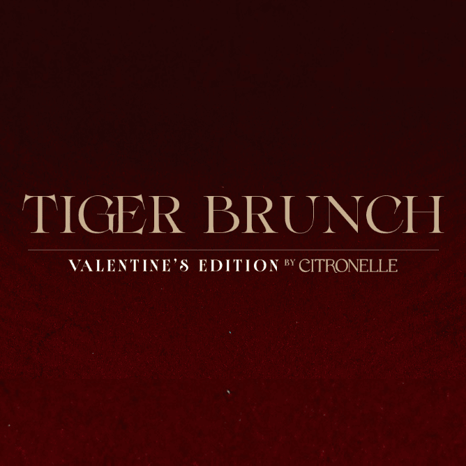 Text on a dark red textured background reads "Tiger Brunch" in large letters, with "Valentine's Edition by Citronelle" underneath in smaller font.
