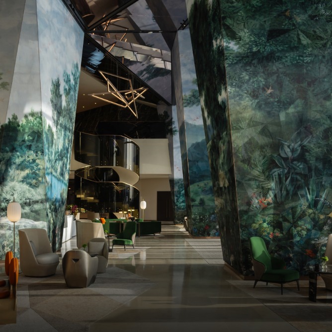 Modern hotel lobby featuring large, nature-themed murals, sleek furnishings, and a dramatic spiral staircase under a star-shaped light fixture.
