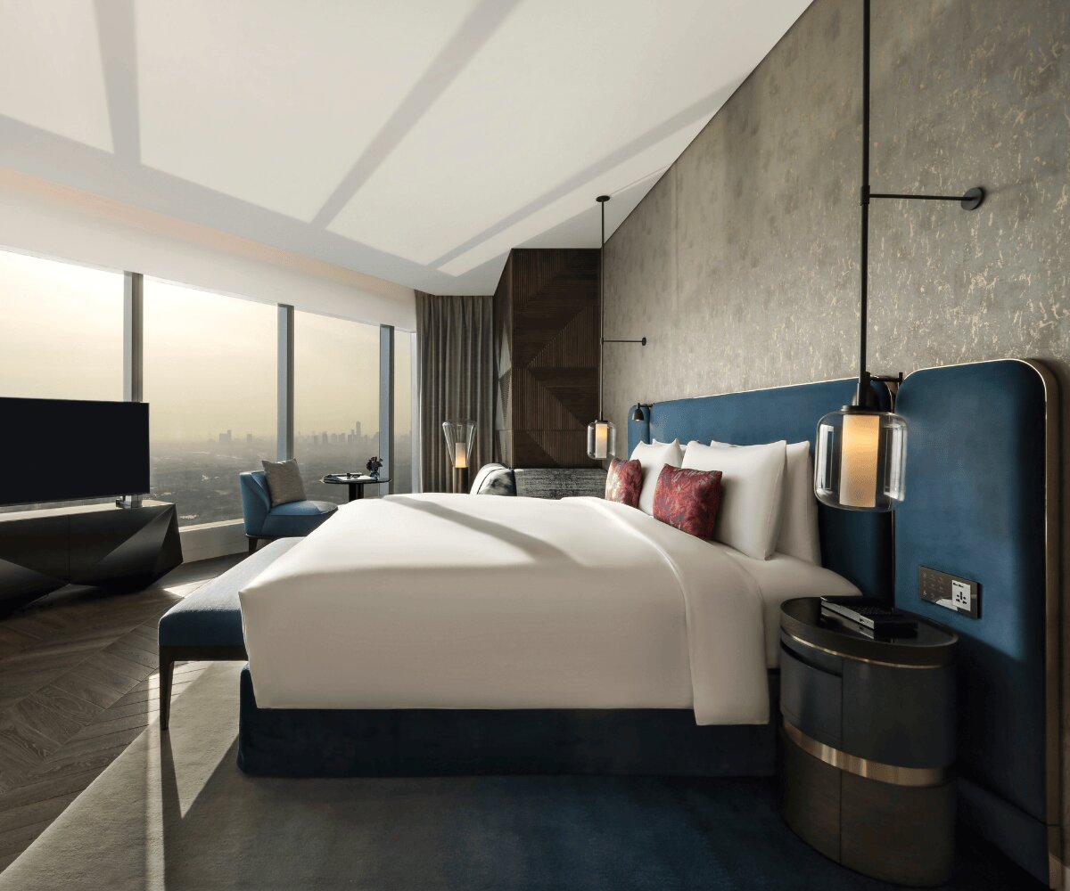 Hotel room with a large king size bed