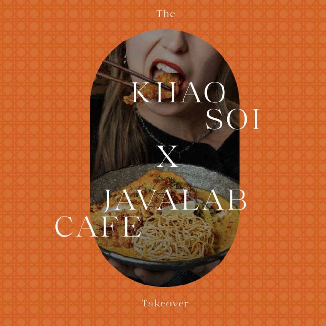 A person holding a bowl of noodles with an orange patterned background and text overlay about a collaboration.