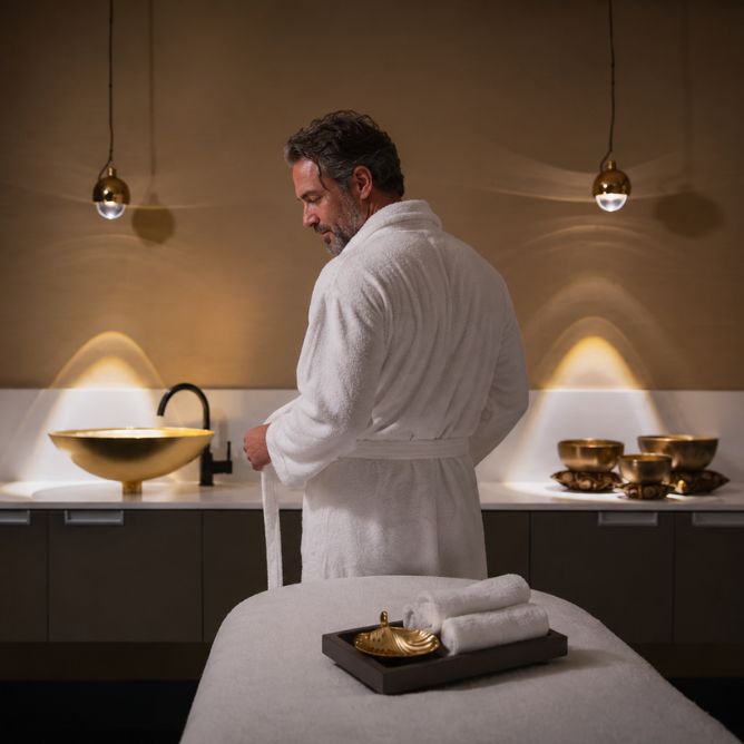 A man in a robe stands in a serene spa room, surrounded by calming decor and soft lighting.
