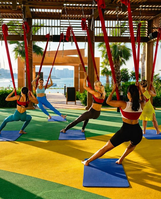 A group of women practicing anti-gravity aerial yoga on an outdoor fitness deck, leaning back on bright red silk hammocks under a wooden pergola with palm trees in the background.